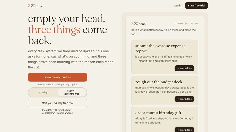 3 & Done homepage captured 2026-10-21