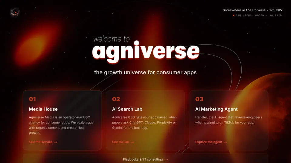 Screenshot of Agniverse homepage, captured 2026-10-19