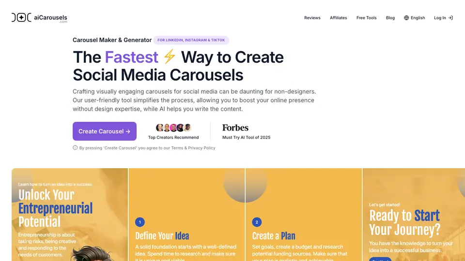 Screenshot of AI Carousels homepage, captured 2026-10-19
