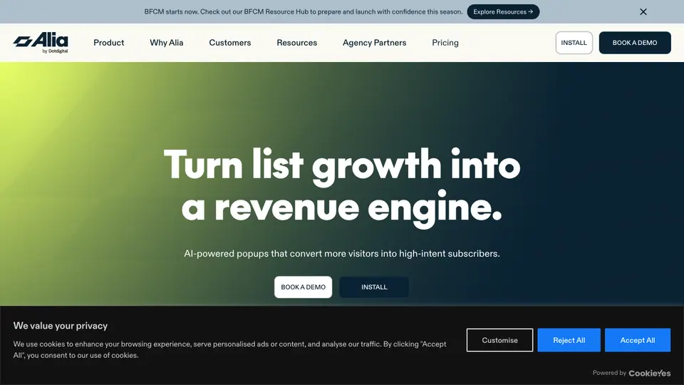 Screenshot of Alia homepage, captured 2026-10-19