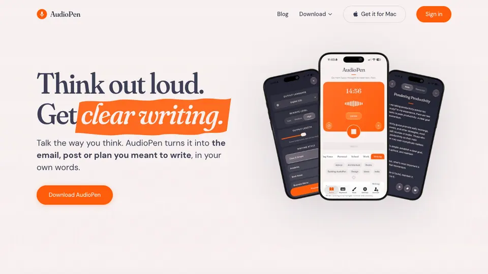 Screenshot of AudioPen homepage, captured 2026-10-19