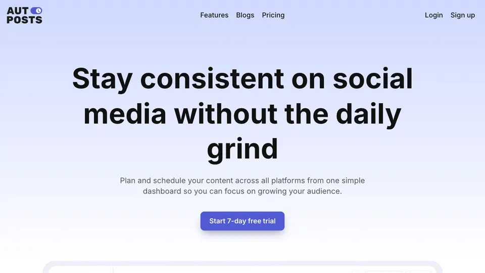 Screenshot of AutoPosts homepage, captured 2026-10-19
