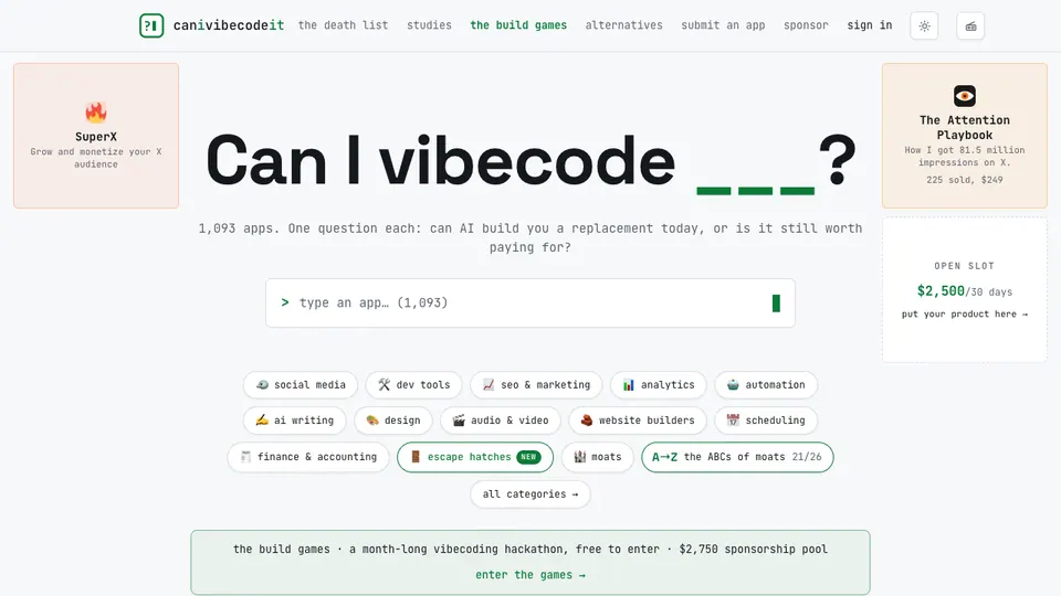 Screenshot of Can I Vibe Code It? homepage, captured 2026-10-19