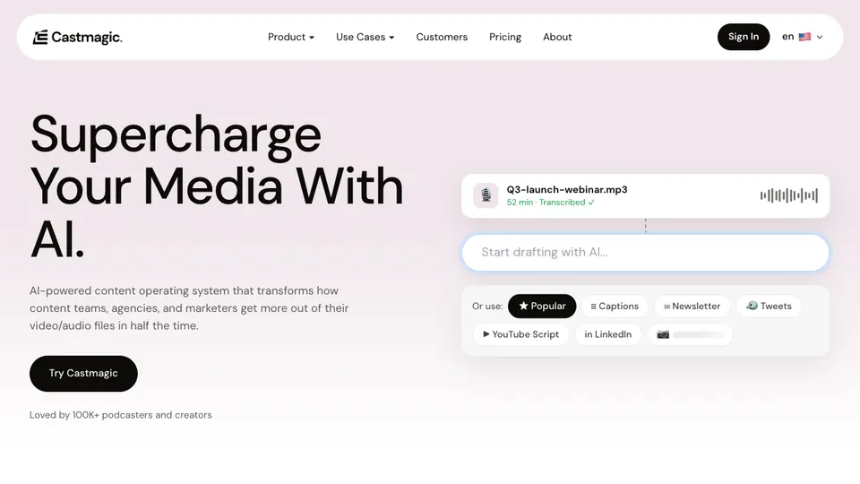 Screenshot of Castmagic homepage, captured 2026-10-19