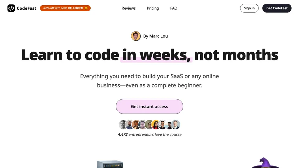 Screenshot of CodeFast homepage, captured 2026-10-19
