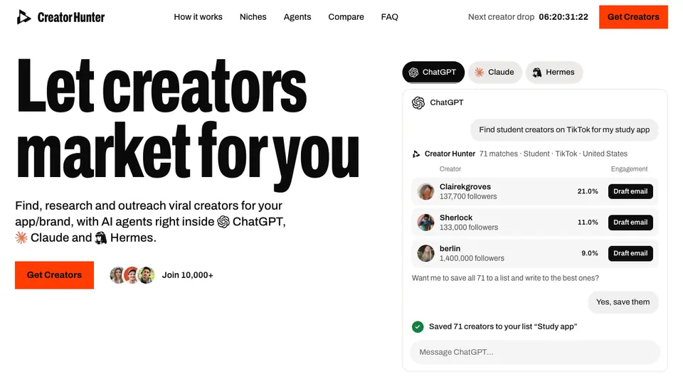 Screenshot of Creator Hunter homepage, captured 2026-10-19