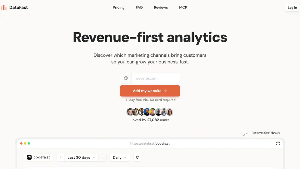 Screenshot of DataFast homepage, captured 2026-10-19