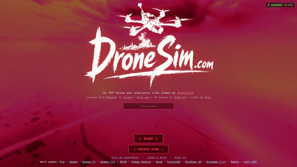 Screenshot of DroneSim homepage, captured 2026-10-19