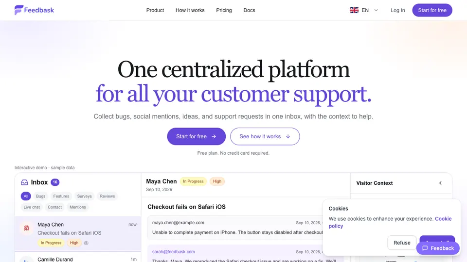 Screenshot of Feedbask homepage, captured 2026-10-19