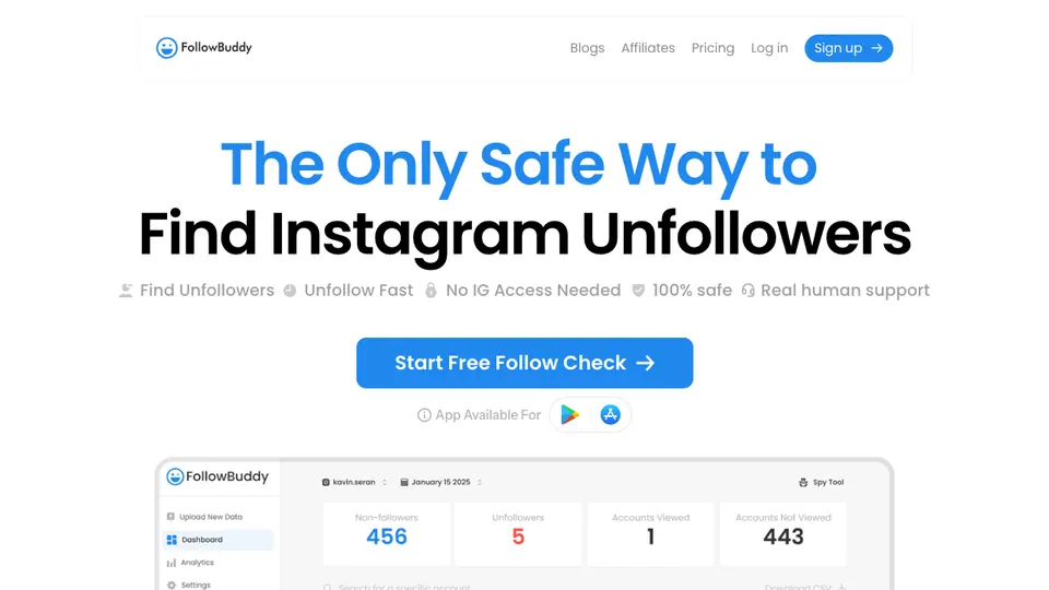 Screenshot of FollowBuddy homepage, captured 2026-10-19