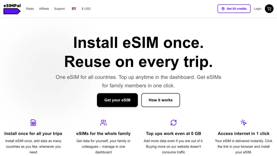 Screenshot of eSIMPal homepage, captured 2026-10-19