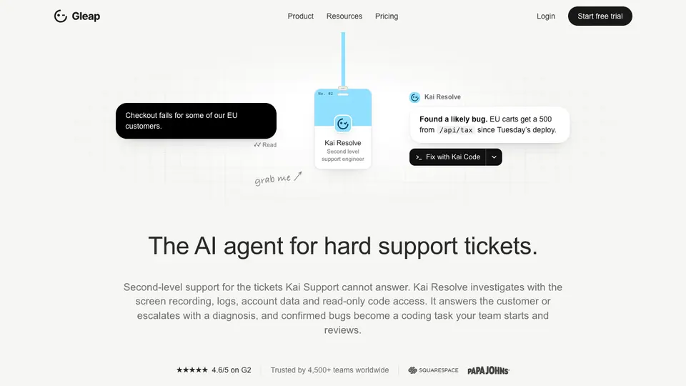 Kai Resolve by Gleap homepage captured 2026-10-21