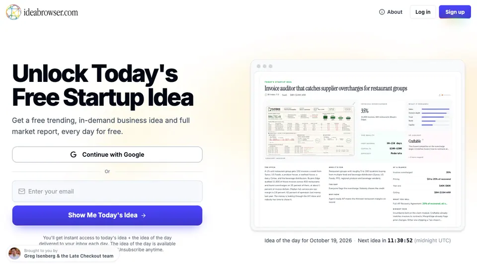 Screenshot of Idea Browser homepage, captured 2026-10-19