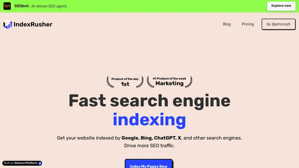 Screenshot of IndexRusher homepage, captured 2026-10-19