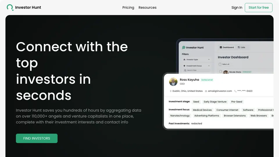 Screenshot of InvestorHunt homepage, captured 2026-10-19