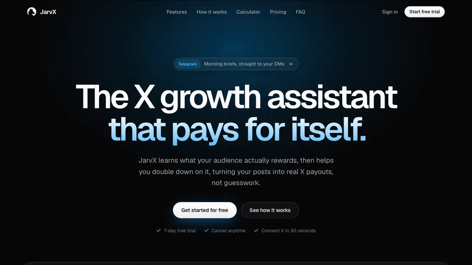 Screenshot of JarvX homepage, captured 2026-10-19