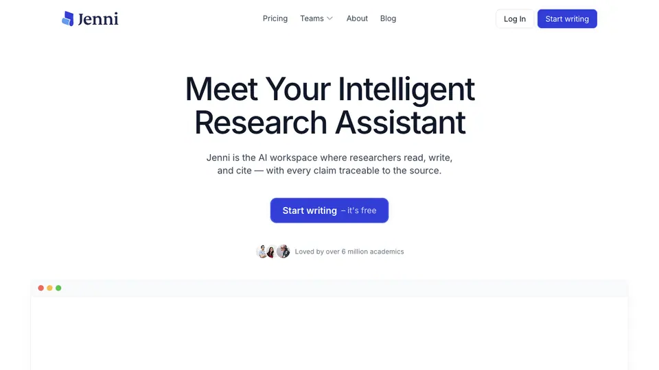 Screenshot of Jenni AI homepage, captured 2026-10-19