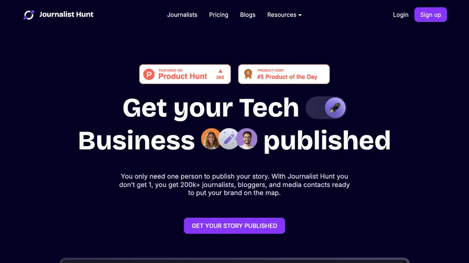 Screenshot of JournalistHunt homepage, captured 2026-10-19