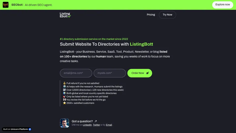 Screenshot of ListingBott homepage, captured 2026-10-19