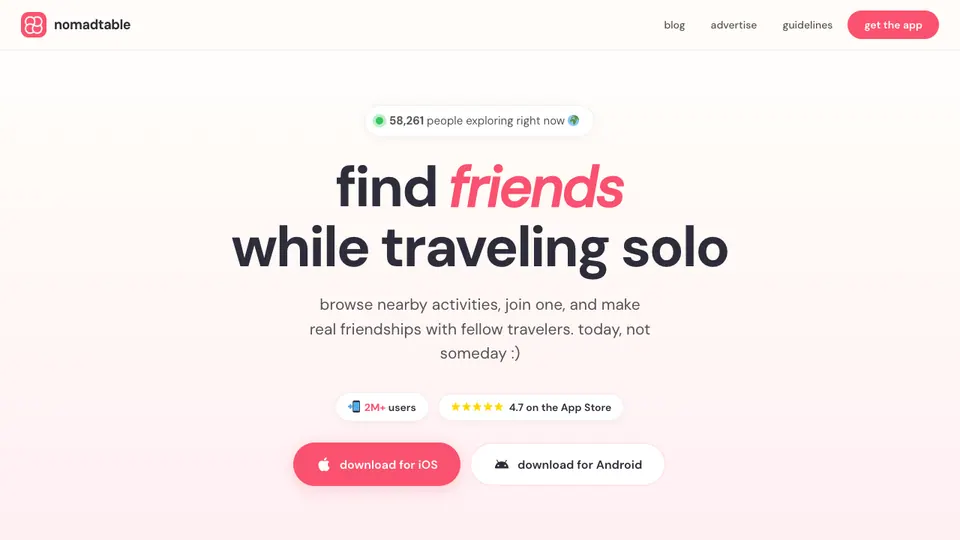 Screenshot of NomadTable homepage, captured 2026-10-19