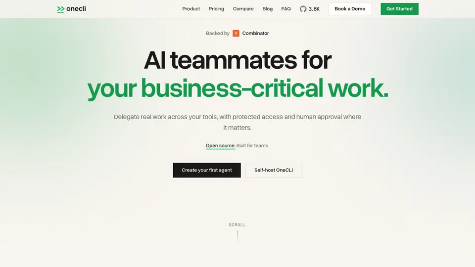 Screenshot of OneCLI homepage, captured 2026-10-19