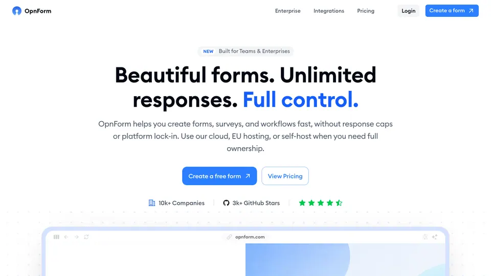 Screenshot of OpnForm homepage, captured 2026-10-19