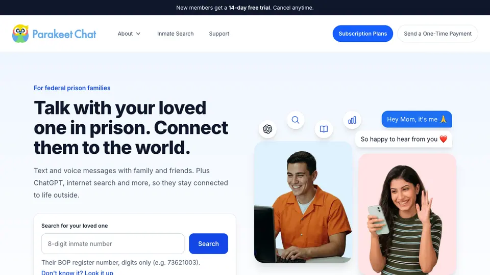 Screenshot of Parakeet Chat homepage, captured 2026-10-19