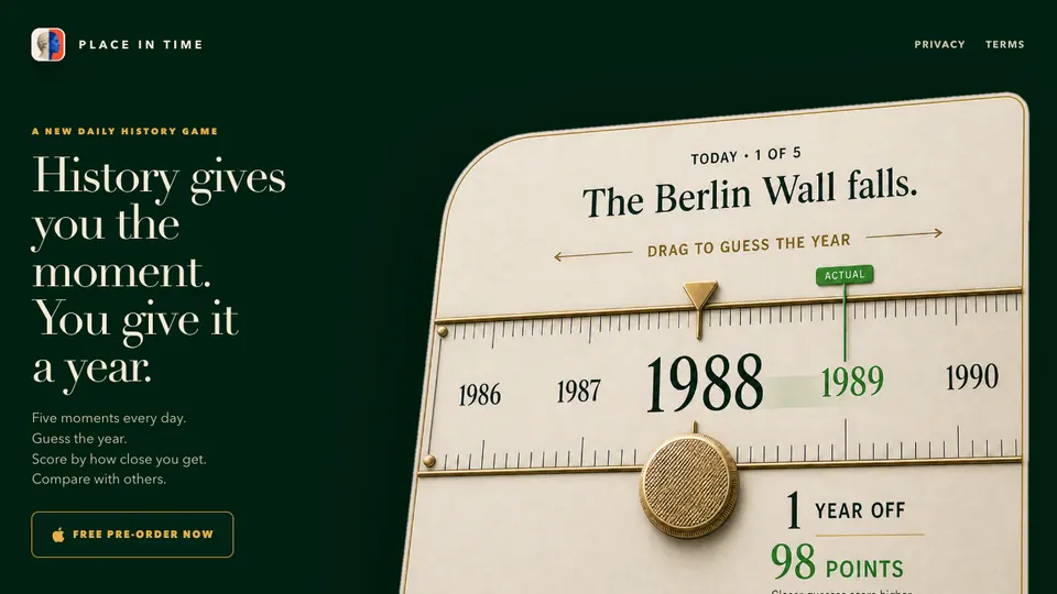 Screenshot of Place in Time homepage, captured 2026-10-19