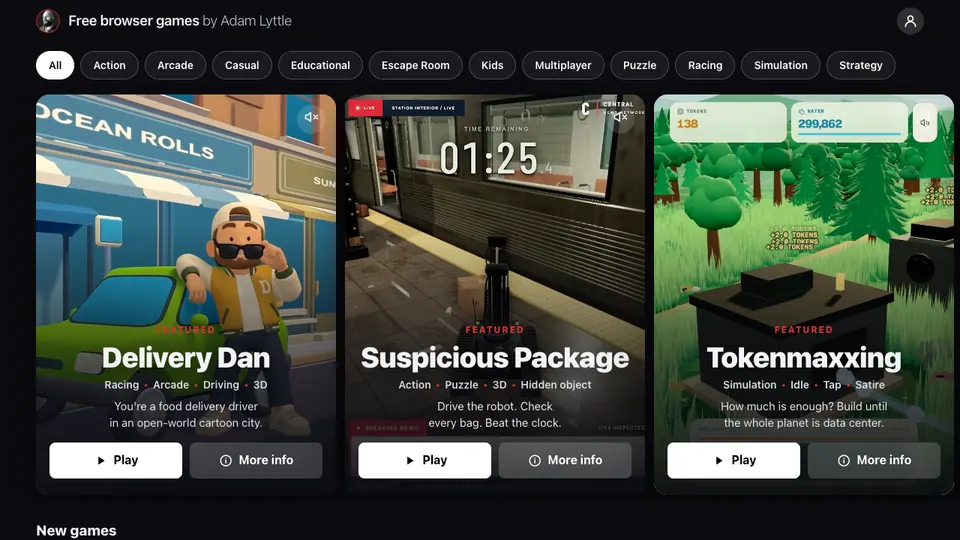Screenshot of Adam's Browser Games homepage, captured 2026-10-19