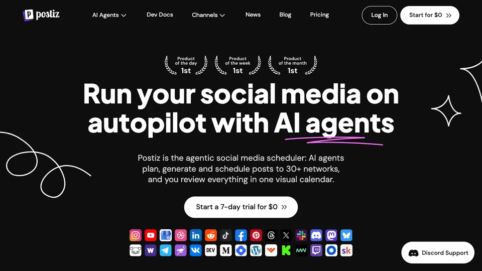 Screenshot of Postiz homepage, captured 2026-10-19