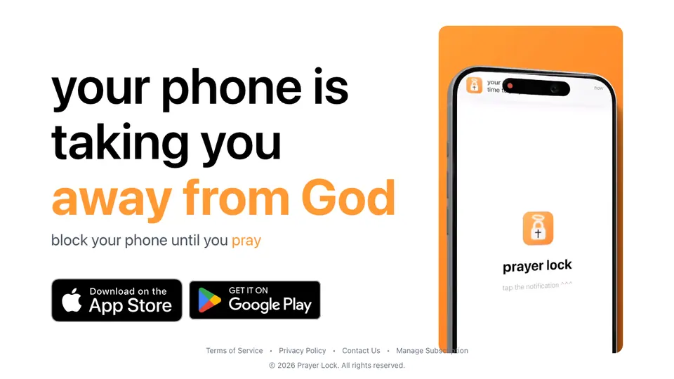 Screenshot of PrayerLock homepage, captured 2026-10-19