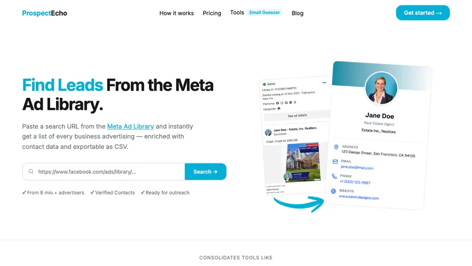 Screenshot of ProspectEcho homepage, captured 2026-10-19