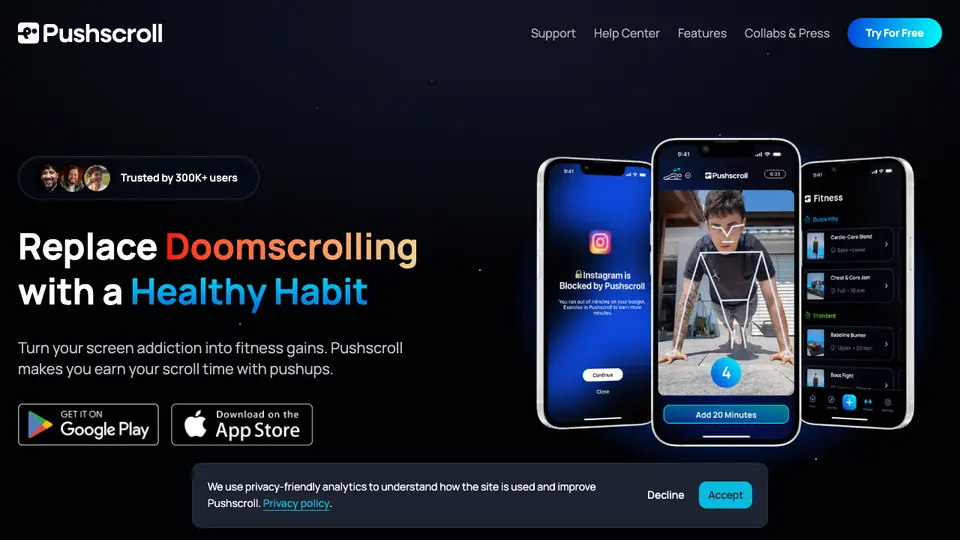 Screenshot of Pushscroll homepage, captured 2026-10-19