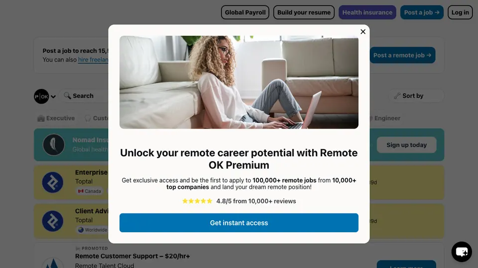 Screenshot of Remote OK homepage, captured 2026-10-19
