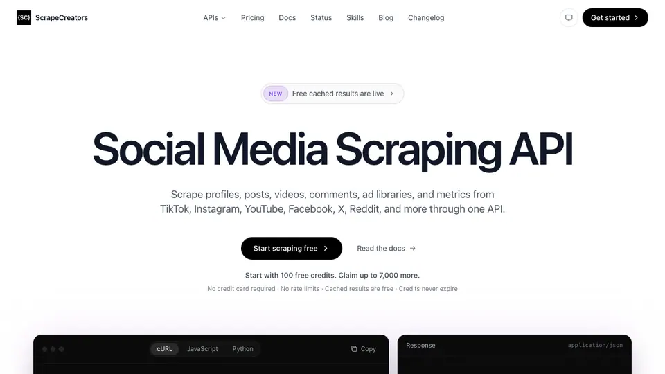 Screenshot of ScrapeCreators homepage, captured 2026-10-19