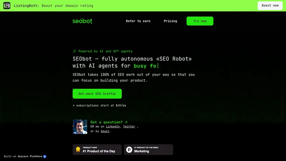 Screenshot of SEObot homepage, captured 2026-10-19