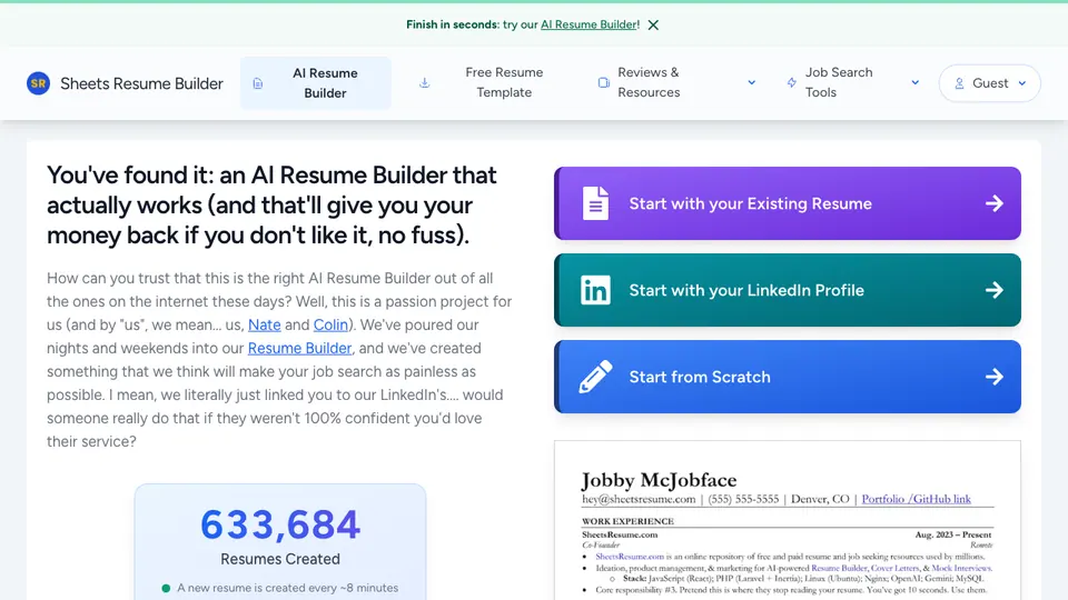 Screenshot of SheetsResume homepage, captured 2026-10-19