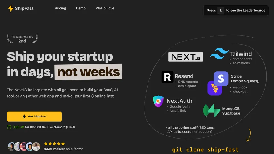 Screenshot of ShipFast homepage, captured 2026-10-19