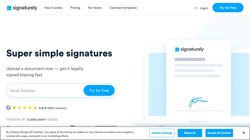 Screenshot of Signaturely homepage, captured 2026-10-19