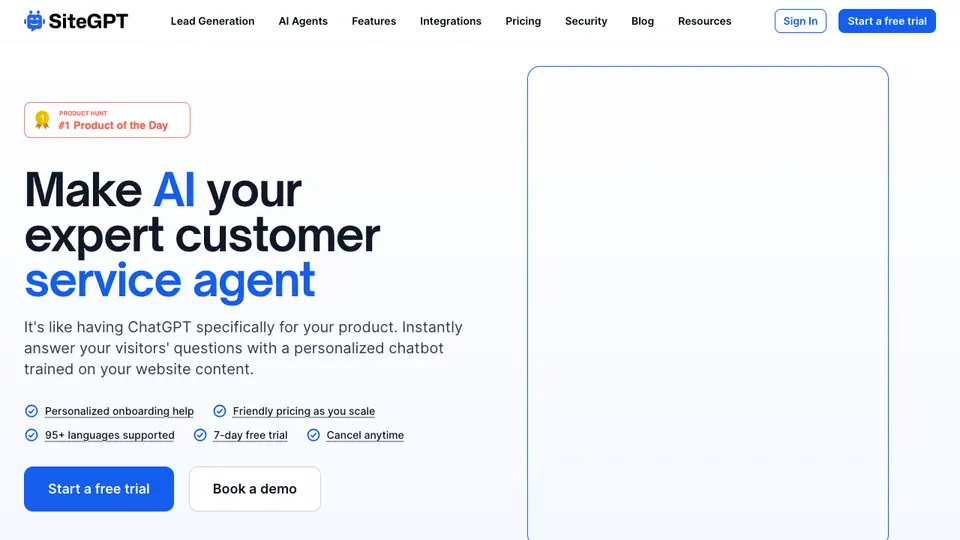 Screenshot of SiteGPT homepage, captured 2026-10-19