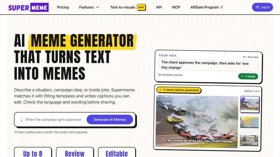 Screenshot of Supermeme homepage, captured 2026-10-19