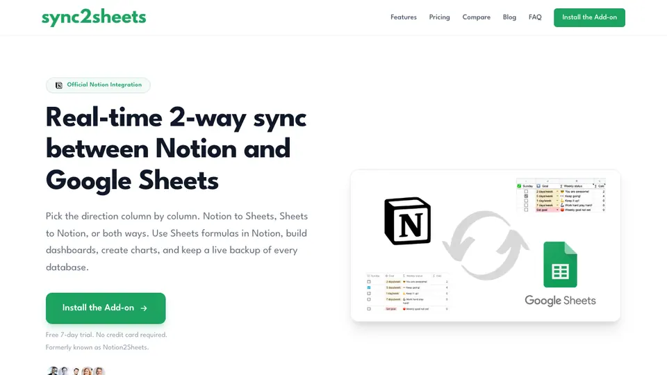 Screenshot of Sync2Sheets homepage, captured 2026-10-19