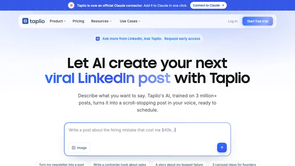 Screenshot of Taplio homepage, captured 2026-10-19