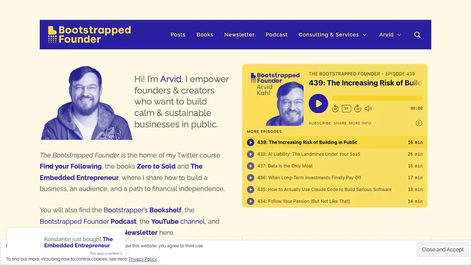 Screenshot of The Bootstrapped Founder homepage, captured 2026-10-19