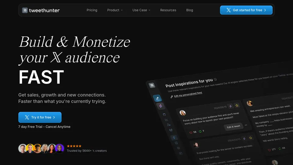 Screenshot of Tweet Hunter homepage, captured 2026-10-19