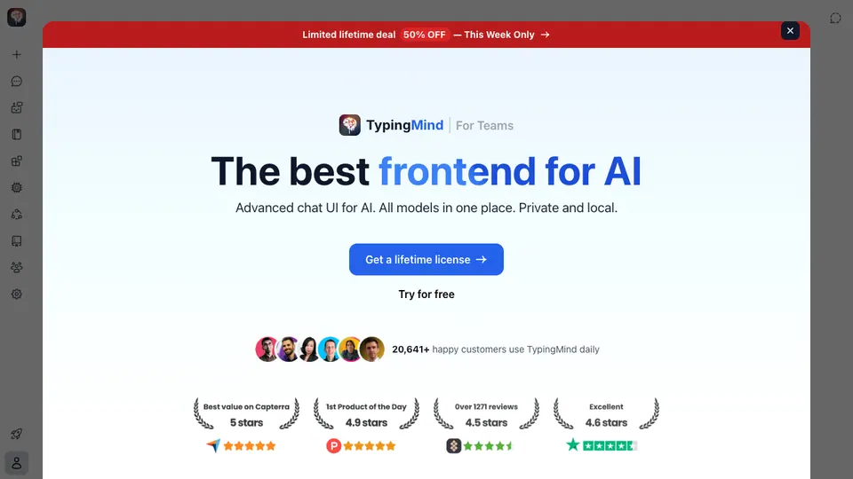 Screenshot of TypingMind homepage, captured 2026-10-19