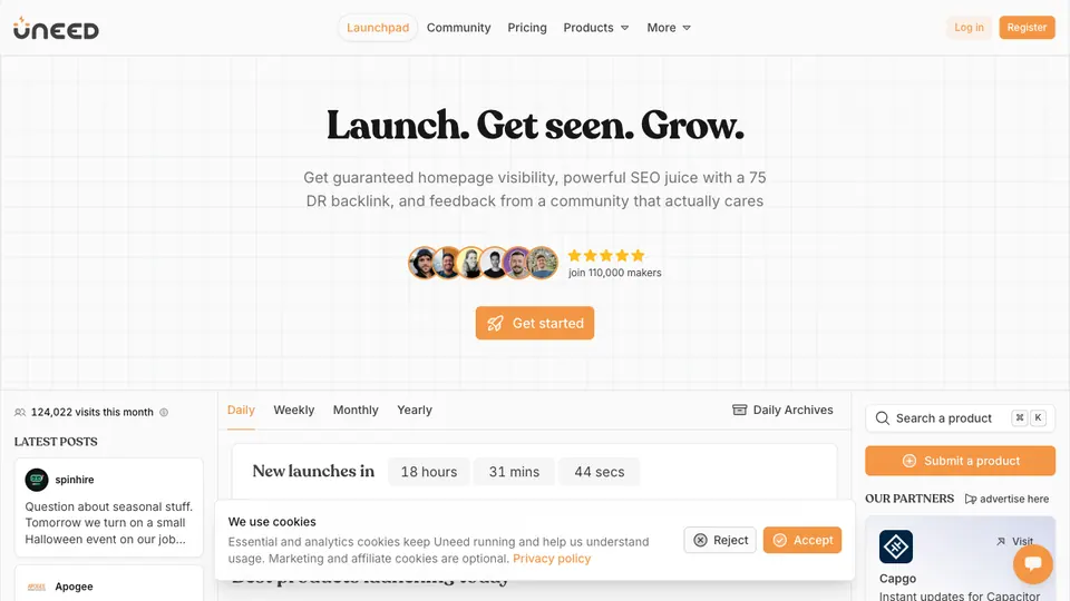 Screenshot of Uneed homepage, captured 2026-10-19