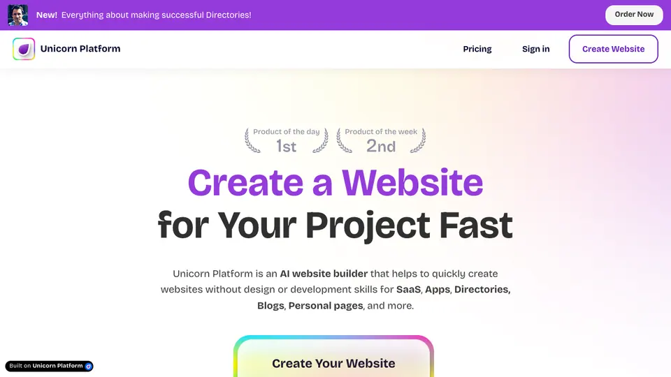 Screenshot of Unicorn Platform homepage, captured 2026-10-19