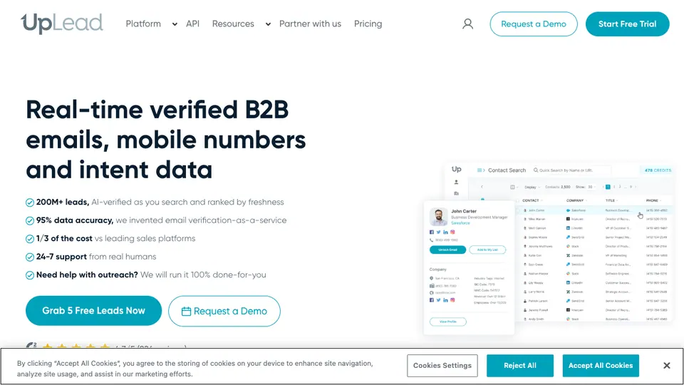 Screenshot of UpLead homepage, captured 2026-10-19