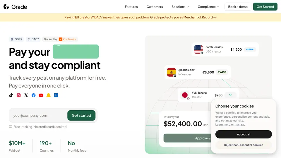 Screenshot of Grade homepage, captured 2026-10-19
